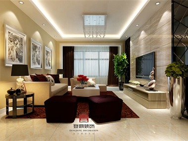 客厅的设计重点在于冲突色的对比运用，以及明艳色系的
