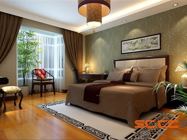 空间装饰多采用简洁、硬朗的直线条、中式的沙发，地面