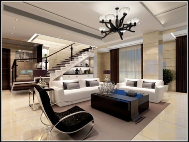 本案中的重点是家具与空间色调的运用。客厅地面墙面为