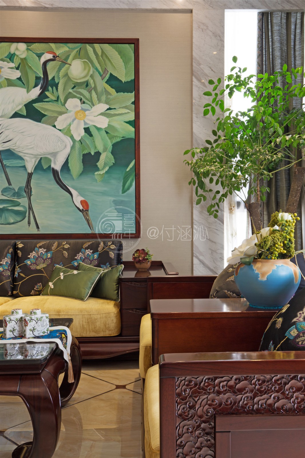 中式客厅沙发背景墙实景图